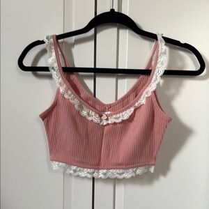 Pink Lace Trim Crop Top